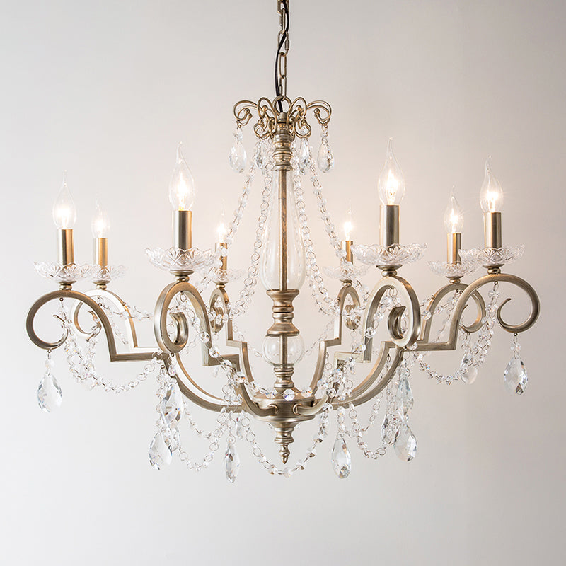 Aged Silver Candle Chandelier Rustic Crystal Living Room Suspension Light with Swirled Arm Clearhalo 'Ceiling Lights' 'Chandeliers' Lighting' options 2283369