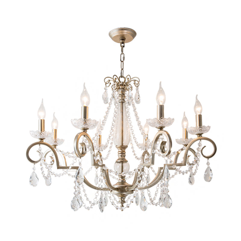 Aged Silver Candle Chandelier Rustic Crystal Living Room Suspension Light with Swirled Arm Clearhalo 'Ceiling Lights' 'Chandeliers' Lighting' options 2283370