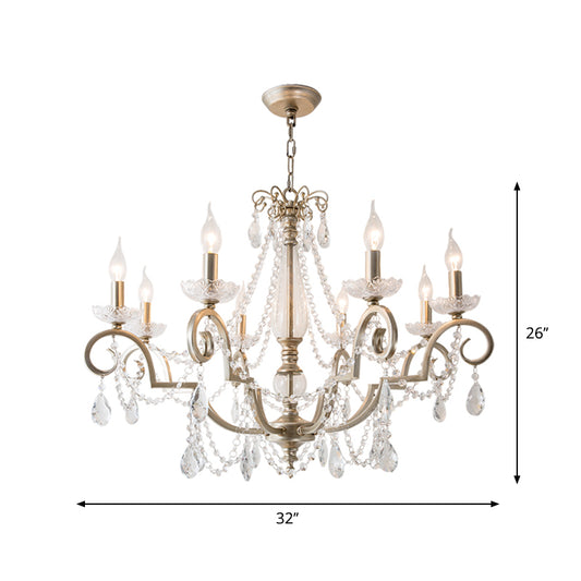 Aged Silver Candle Chandelier Rustic Crystal Living Room Suspension Light with Swirled Arm Clearhalo 'Ceiling Lights' 'Chandeliers' Lighting' options 2283371