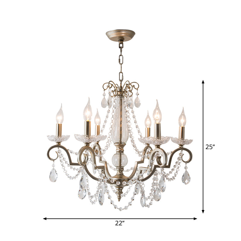 Aged Silver Candle Chandelier Rustic Crystal Living Room Suspension Light with Swirled Arm Clearhalo 'Ceiling Lights' 'Chandeliers' Lighting' options 2283373