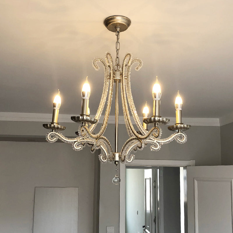 Nickel Finish 6-Bulb Ceiling Pendant Light Traditional Metal Candle Chandelier with Crystal Bead Clearhalo 'Ceiling Lights' 'Chandeliers' Lighting' options 2283378