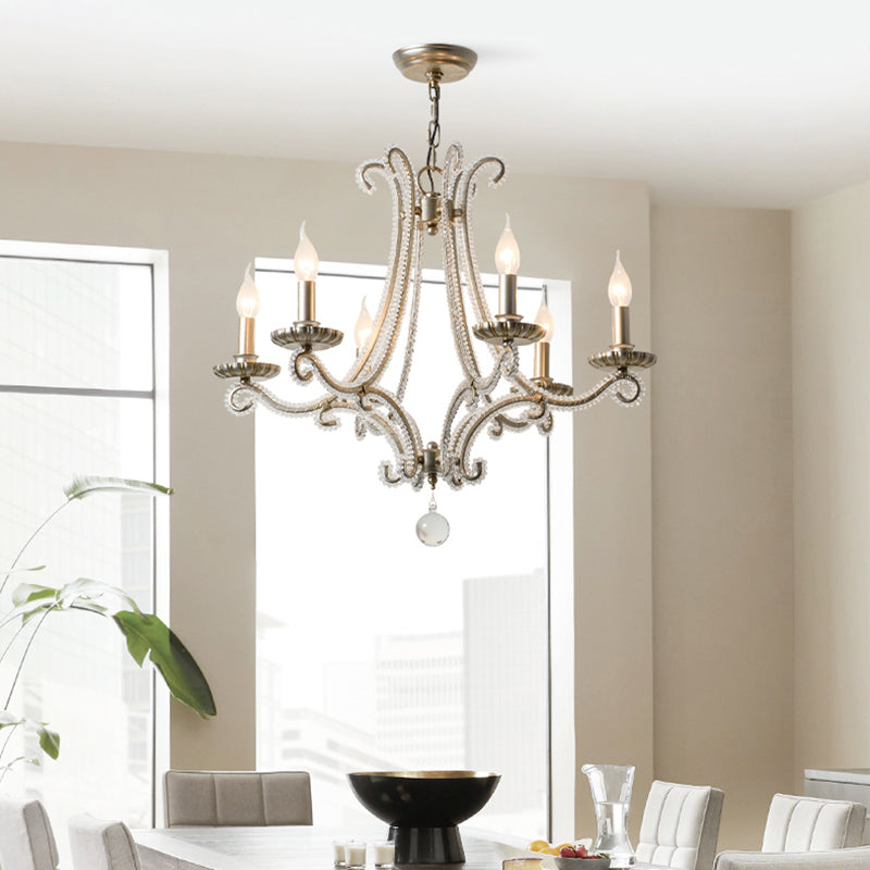 Nickel Finish 6-Bulb Ceiling Pendant Light Traditional Metal Candle Chandelier with Crystal Bead Clearhalo 'Ceiling Lights' 'Chandeliers' Lighting' options 2283379