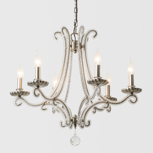Nickel Finish 6-Bulb Ceiling Pendant Light Traditional Metal Candle Chandelier with Crystal Bead Clearhalo 'Ceiling Lights' 'Chandeliers' Lighting' options 2283380