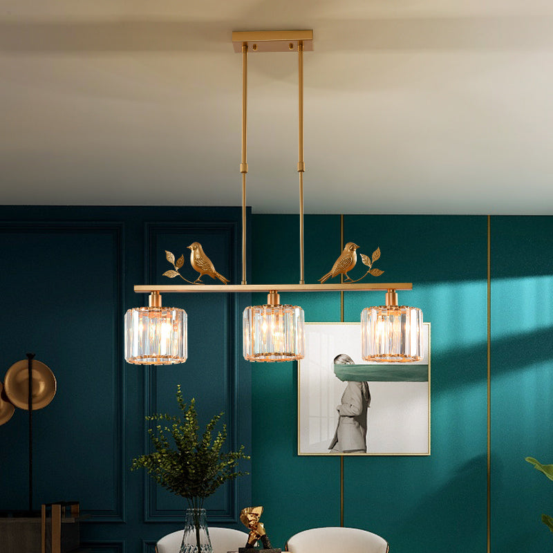 Cylindrical Crystal Island Lighting Rustic 3-Head Dining Room Hanging Light with Bird and Leaf Decor Clearhalo 'Ceiling Lights' 'Island Lights' Lighting' 2283391