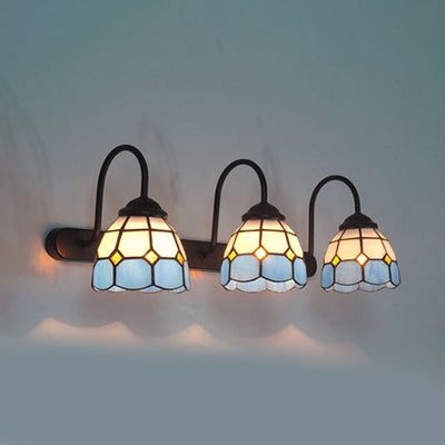 3 Heads Grid Patterned Wall Light Fixture Tiffany Blue/Yellow Glass Sconce Lighting with Curve Arm Blue Clearhalo 'Industrial' 'Middle century wall lights' 'Tiffany wall lights' 'Tiffany' 'Wall Lamps & Sconces' 'Wall Lights' Lighting' 22834