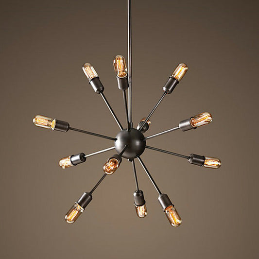 Metal Burst Pendant Ceiling Light Loft Style Living Room Hanging Chandelier in Black 12 Black Clearhalo 'Cast Iron' 'Ceiling Lights' 'Chandeliers' 'Industrial Chandeliers' 'Industrial' 'Metal' 'Middle Century Chandeliers' 'Rustic Chandeliers' 'Tiffany' Lighting' 2283429