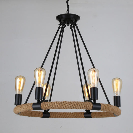 Loop Shaped Restaurant Chandelier Lamp Country Hemp Rope Black Hanging Ceiling Light 6 Black Clearhalo 'Cast Iron' 'Ceiling Lights' 'Chandeliers' 'Industrial Chandeliers' 'Industrial' 'Metal' 'Middle Century Chandeliers' 'Rustic Chandeliers' 'Tiffany' Lighting' 2283477