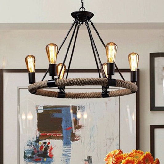 Loop Shaped Restaurant Chandelier Lamp Country Hemp Rope Black Hanging Ceiling Light Clearhalo 'Cast Iron' 'Ceiling Lights' 'Chandeliers' 'Industrial Chandeliers' 'Industrial' 'Metal' 'Middle Century Chandeliers' 'Rustic Chandeliers' 'Tiffany' Lighting' 2283478