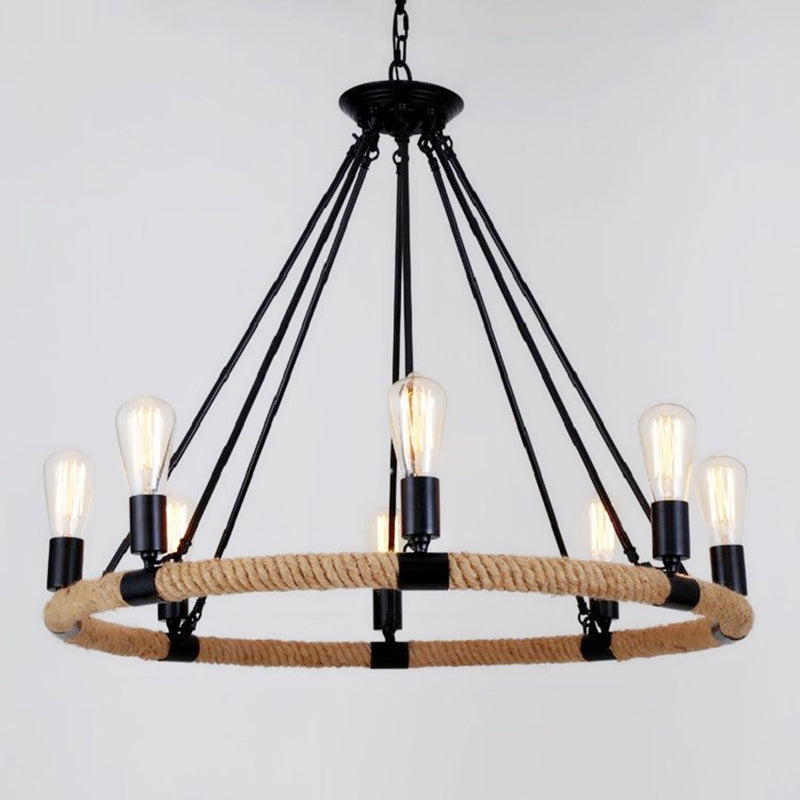 Loop Shaped Restaurant Chandelier Lamp Country Hemp Rope Black Hanging Ceiling Light 8 Black Clearhalo 'Cast Iron' 'Ceiling Lights' 'Chandeliers' 'Industrial Chandeliers' 'Industrial' 'Metal' 'Middle Century Chandeliers' 'Rustic Chandeliers' 'Tiffany' Lighting' 2283479