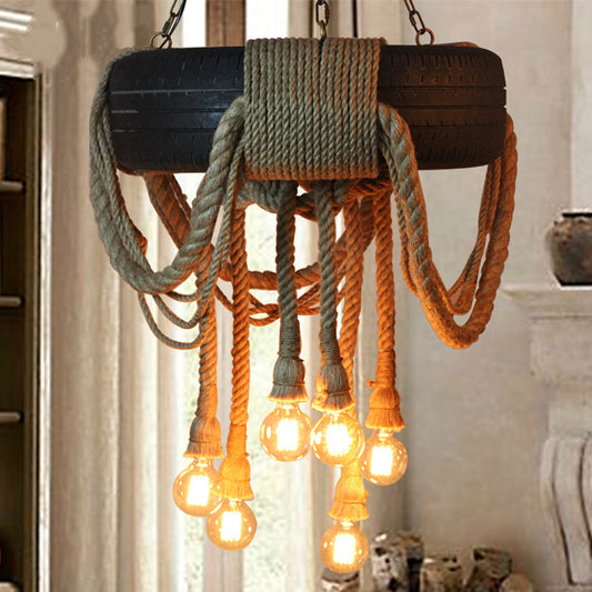 Brown 6-Light Chandelier Loft Style Rope Bare Bulb Pendant Lighting with Tyre Decoration Brown Clearhalo 'Ceiling Lights' 'Chandeliers' 'Industrial Chandeliers' 'Industrial' 'Middle Century Chandeliers' 'Tiffany' Lighting' 2283482