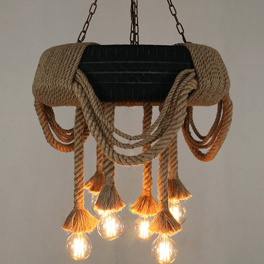 Brown 6-Light Chandelier Loft Style Rope Bare Bulb Pendant Lighting with Tyre Decoration Clearhalo 'Ceiling Lights' 'Chandeliers' 'Industrial Chandeliers' 'Industrial' 'Middle Century Chandeliers' 'Tiffany' Lighting' 2283484