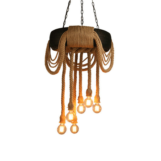 Brown 6-Light Chandelier Loft Style Rope Bare Bulb Pendant Lighting with Tyre Decoration Clearhalo 'Ceiling Lights' 'Chandeliers' 'Industrial Chandeliers' 'Industrial' 'Middle Century Chandeliers' 'Tiffany' Lighting' 2283485