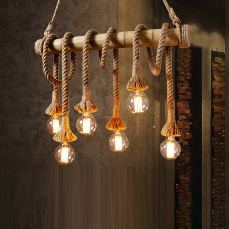 Linear Bar Island Lighting Country Hemp Rope 6 Bulbs Brown Pendant Lighting with Bamboo Stick Clearhalo 'Ceiling Lights' 'Island Lights' Lighting' 2283496