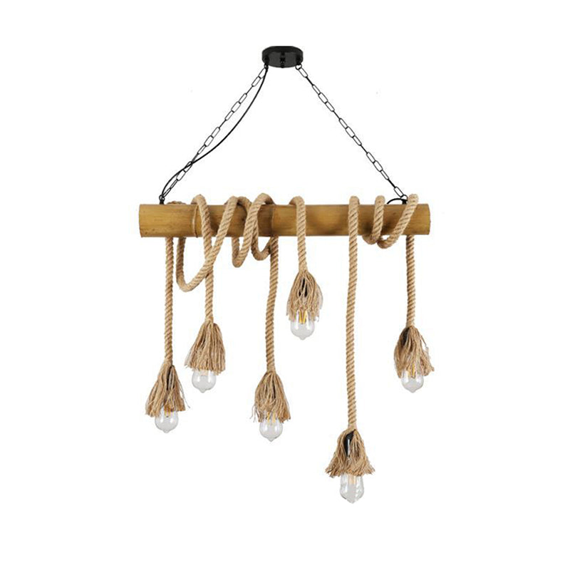 Linear Bar Island Lighting Country Hemp Rope 6 Bulbs Brown Pendant Lighting with Bamboo Stick Clearhalo 'Ceiling Lights' 'Island Lights' Lighting' 2283498