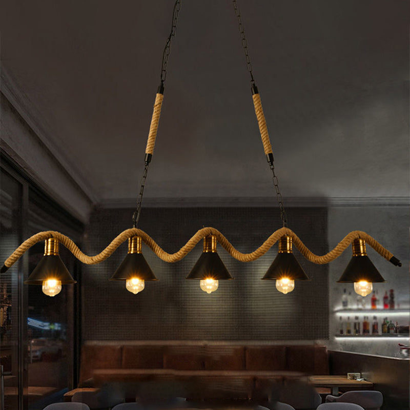 Metal Conical Island Ceiling Light Industrial Style Bar Pendant Lamp with Wavy Hemp Rope in Black Clearhalo 'Ceiling Lights' 'Island Lights' Lighting' 2283499