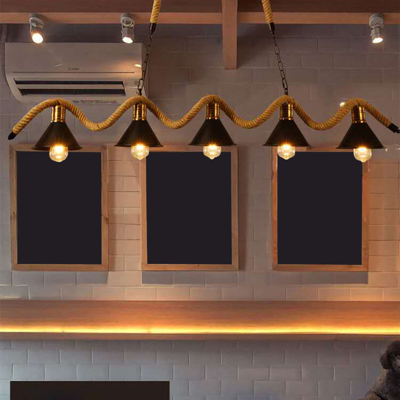 Metal Conical Island Ceiling Light Industrial Style Bar Pendant Lamp with Wavy Hemp Rope in Black Clearhalo 'Ceiling Lights' 'Island Lights' Lighting' 2283502