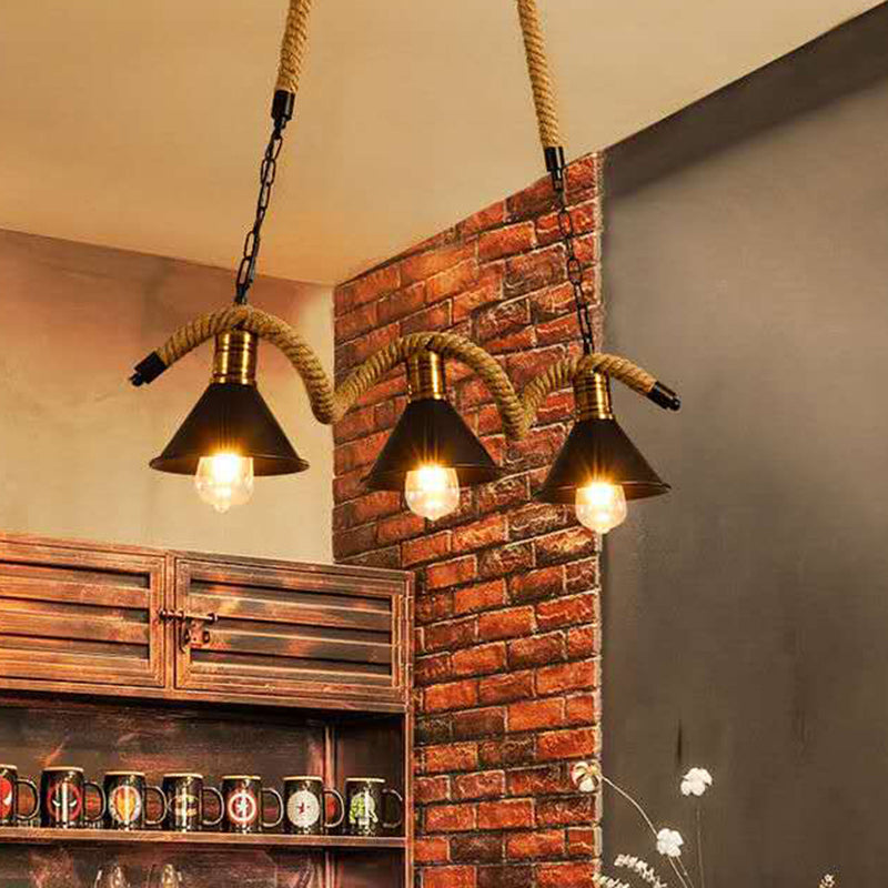 Metal Conical Island Ceiling Light Industrial Style Bar Pendant Lamp with Wavy Hemp Rope in Black Clearhalo 'Ceiling Lights' 'Island Lights' Lighting' 2283503