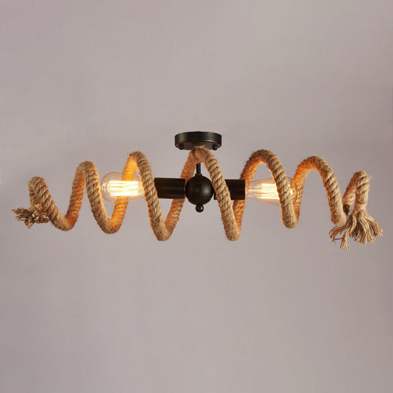 2 Heads Spiral Ceiling Mount Light Industrial Brown Rope Semi Flush Mount Light for Dining Room Brown Clearhalo 'Ceiling Lights' 'Close To Ceiling Lights' 'Close to ceiling' 'Semi-flushmount' Lighting' 2283506