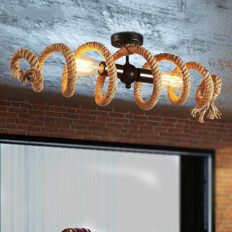2 Heads Spiral Ceiling Mount Light Industrial Brown Rope Semi Flush Mount Light for Dining Room Clearhalo 'Ceiling Lights' 'Close To Ceiling Lights' 'Close to ceiling' 'Semi-flushmount' Lighting' 2283507