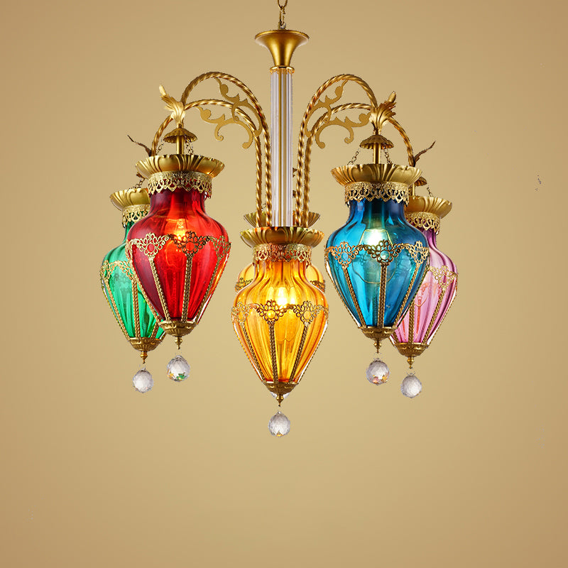 Colorful Glass Droplet Hanging Lamp Turkish 6-Light Living Room Chandelier in Gold Gold Clearhalo 'Ceiling Lights' 'Chandeliers' 'Glass shade' 'Glass' 'Pendant Lights' Lighting' 2283562