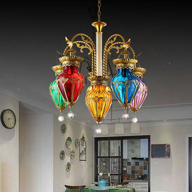 Colorful Glass Droplet Hanging Lamp Turkish 6-Light Living Room Chandelier in Gold Clearhalo 'Ceiling Lights' 'Chandeliers' 'Glass shade' 'Glass' 'Pendant Lights' Lighting' 2283563