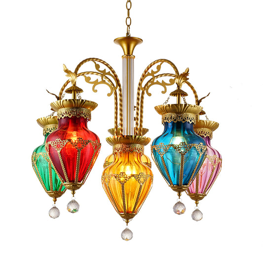 Colorful Glass Droplet Hanging Lamp Turkish 6-Light Living Room Chandelier in Gold Clearhalo 'Ceiling Lights' 'Chandeliers' 'Glass shade' 'Glass' 'Pendant Lights' Lighting' 2283564