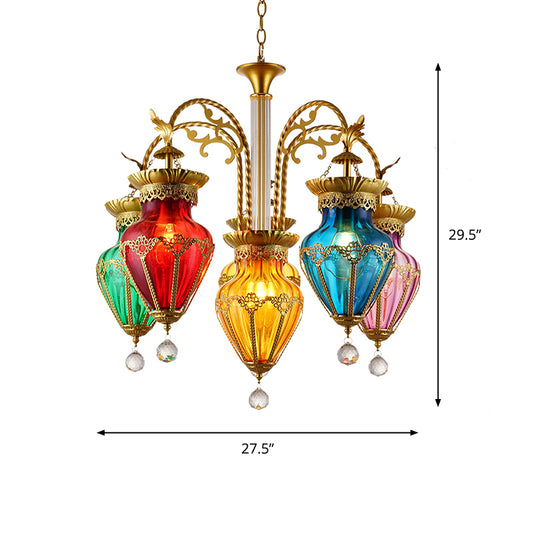 Colorful Glass Droplet Hanging Lamp Turkish 6-Light Living Room Chandelier in Gold Clearhalo 'Ceiling Lights' 'Chandeliers' 'Glass shade' 'Glass' 'Pendant Lights' Lighting' 2283565
