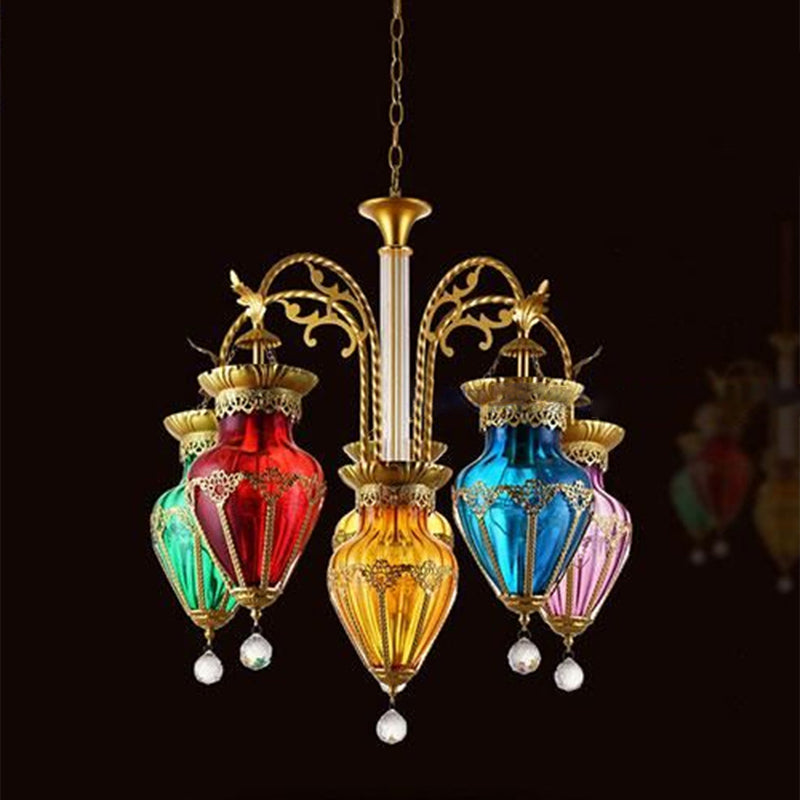 Colorful Glass Droplet Hanging Lamp Turkish 6-Light Living Room Chandelier in Gold Clearhalo 'Ceiling Lights' 'Chandeliers' 'Glass shade' 'Glass' 'Pendant Lights' Lighting' 2283566