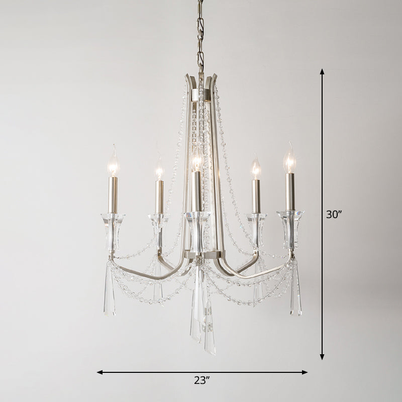 Candlestick Chandelier Rustic Nickel Finish Metal Pendant Light with Crystal Decoration 5 Nickel Clearhalo 'Ceiling Lights' 'Chandeliers' Lighting' options 2283632_dfcf05ae-443e-438b-8f27-9c3768698985