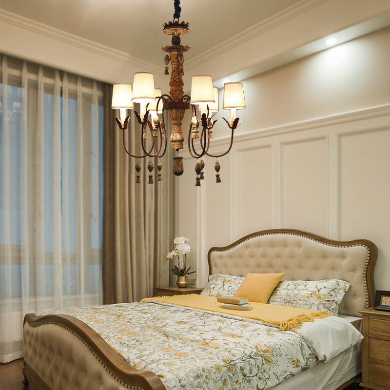 Tapered Fabric Chandelier Lamp Vintage 6 Lights Bedroom Hanging Light Fixture in Black with Wood Drop White Clearhalo 'Ceiling Lights' 'Chandeliers' Lighting' options 228388_e537097d-66fe-44f6-90ee-fca22adcfaa7