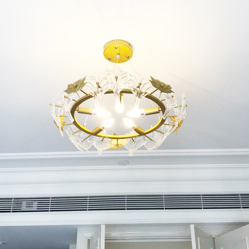 5 Lights Chandelier Light with Maple Crystal Colonial Living Room Hanging Light Fixture with Gold Ring Clearhalo 'Ceiling Lights' 'Chandeliers' Lighting' options 228402