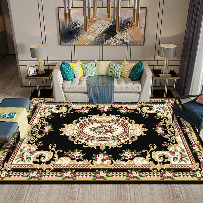 Multi-Colored Flower Print Rug Synthetics Antique Indoor Rug Non-Slip Backing Easy Care Area Carpet for Parlor Black Clearhalo 'Area Rug' 'Rugs' 'Vintage' Rug' 2285259