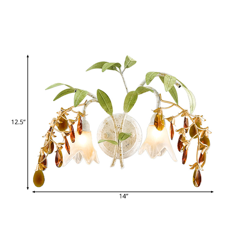 Flower Living Room Wall Lamp Rustic White Glass 2 Lights Sconce Light with Amber Crystal Accent Clearhalo 'Wall Lamps & Sconces' 'Wall Lights' Lighting' 228544