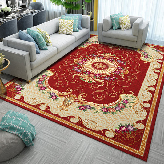 Antique Home Decoration Rug Multi Color Floral Pattern Area Rug Polyster Non-Slip Backing Easy Care Carpet Brick Red Clearhalo 'Area Rug' 'Rugs' 'Vintage' Rug' 2285929