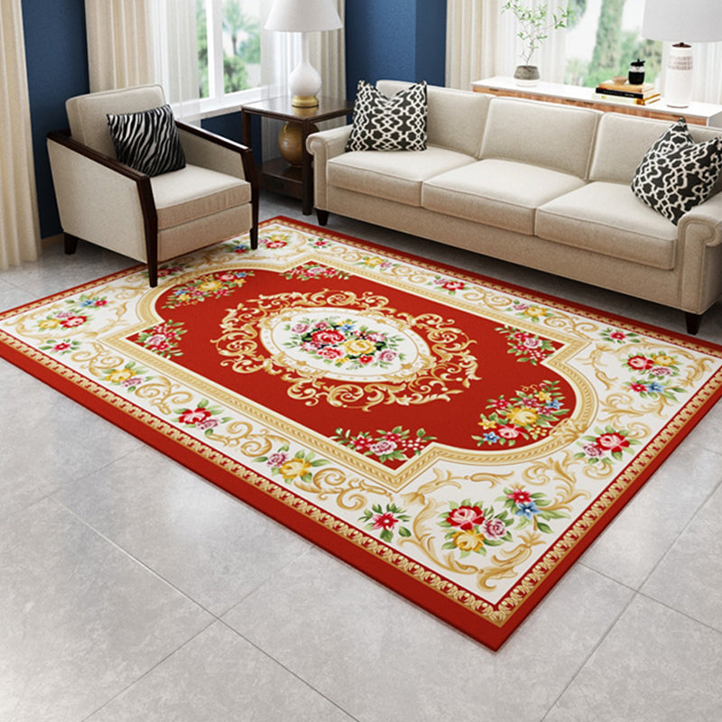 Antique Home Decoration Rug Multi Color Floral Pattern Area Rug Polyster Non-Slip Backing Easy Care Carpet Red-Yellow Clearhalo 'Area Rug' 'Rugs' 'Vintage' Rug' 2285931
