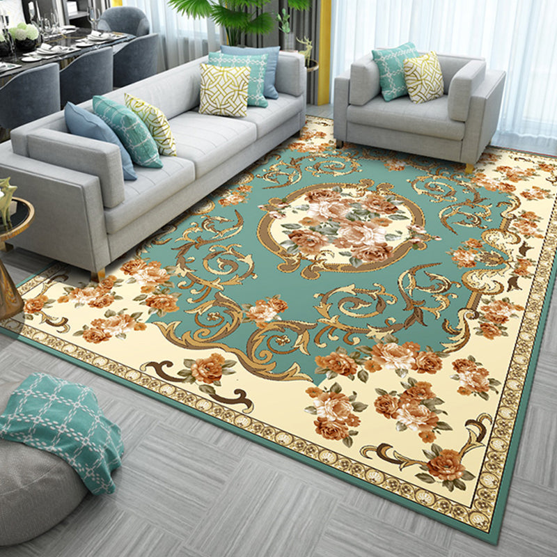 Antique Home Decoration Rug Multi Color Floral Pattern Area Rug Polyster Non-Slip Backing Easy Care Carpet Lake Green Clearhalo 'Area Rug' 'Rugs' 'Vintage' Rug' 2285932