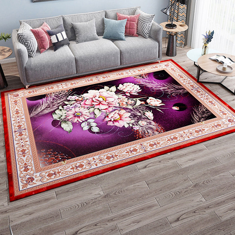 Antique Home Decoration Rug Multi Color Floral Pattern Area Rug Polyster Non-Slip Backing Easy Care Carpet Purple Clearhalo 'Area Rug' 'Rugs' 'Vintage' Rug' 2285933