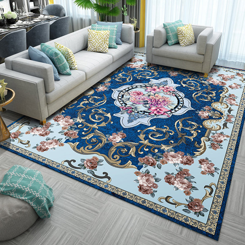 Antique Home Decoration Rug Multi Color Floral Pattern Area Rug Polyster Non-Slip Backing Easy Care Carpet Royal Blue Clearhalo 'Area Rug' 'Rugs' 'Vintage' Rug' 2285934