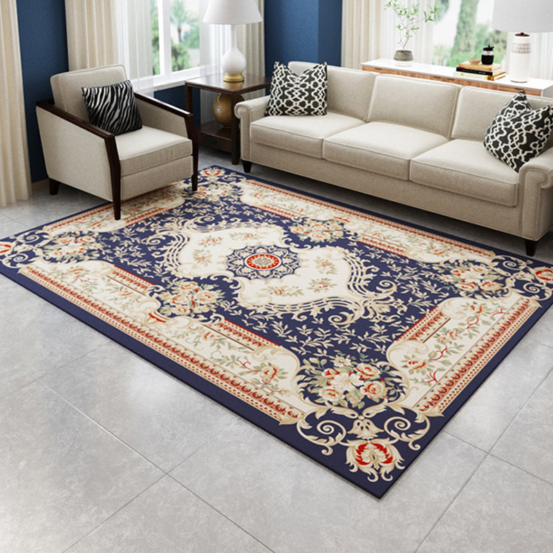 Antique Home Decoration Rug Multi Color Floral Pattern Area Rug Polyster Non-Slip Backing Easy Care Carpet Dark Blue Clearhalo 'Area Rug' 'Rugs' 'Vintage' Rug' 2285938