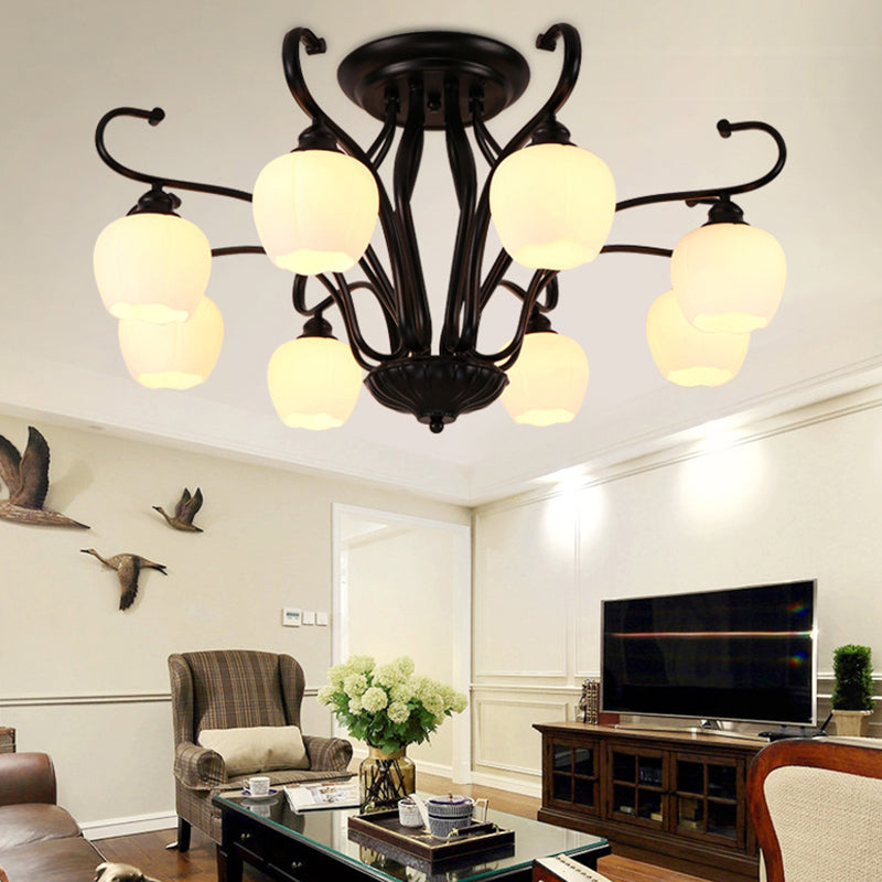 Flower Shape Living Room Semi Flush Light Classic White Glass 3/6/8 Lights Black Ceiling Lighting 8 White Clearhalo 'Ceiling Lights' 'Close To Ceiling Lights' 'Close to ceiling' 'Glass shade' 'Glass' 'Semi-flushmount' Lighting' 228691