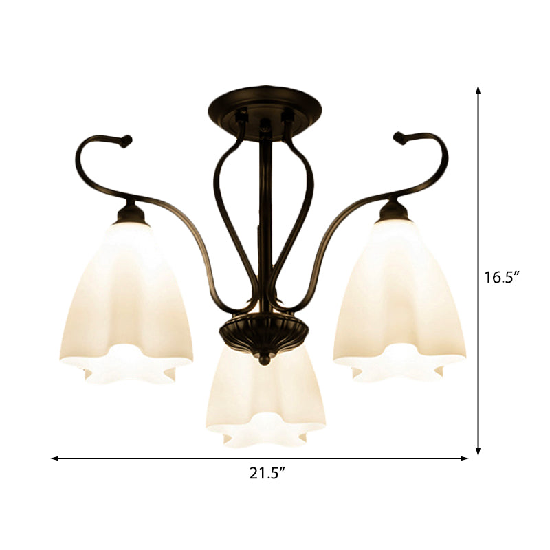 3/6/8 Lights White Glass Ceiling Light Fixture Classic Black Flower Shaped Living Room Semi Mount Lighting Clearhalo 'Ceiling Lights' 'Close To Ceiling Lights' 'Close to ceiling' 'Glass shade' 'Glass' 'Semi-flushmount' Lighting' 228698