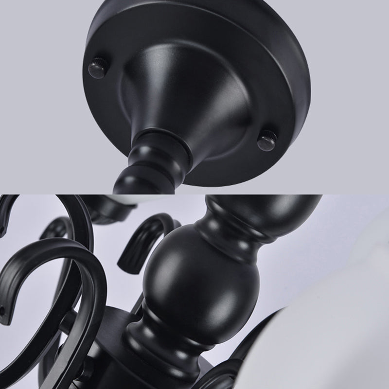 Black 3/5/6 Lights Ceiling Mount Traditional White Glass Swooping Arm Semi Flush Light for Living Room Clearhalo 'Ceiling Lights' 'Close To Ceiling Lights' 'Close to ceiling' 'Glass shade' 'Glass' 'Semi-flushmount' Lighting' 228739