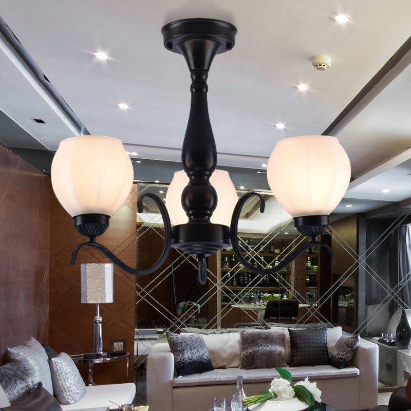 Black 3/5/6 Lights Ceiling Mount Traditional White Glass Swooping Arm Semi Flush Light for Living Room 3 White Clearhalo 'Ceiling Lights' 'Close To Ceiling Lights' 'Close to ceiling' 'Glass shade' 'Glass' 'Semi-flushmount' Lighting' 228740