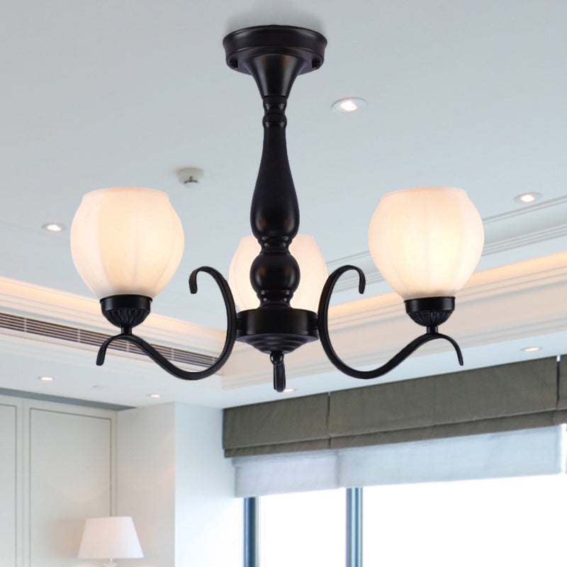 Black 3/5/6 Lights Ceiling Mount Traditional White Glass Swooping Arm Semi Flush Light for Living Room Clearhalo 'Ceiling Lights' 'Close To Ceiling Lights' 'Close to ceiling' 'Glass shade' 'Glass' 'Semi-flushmount' Lighting' 228741
