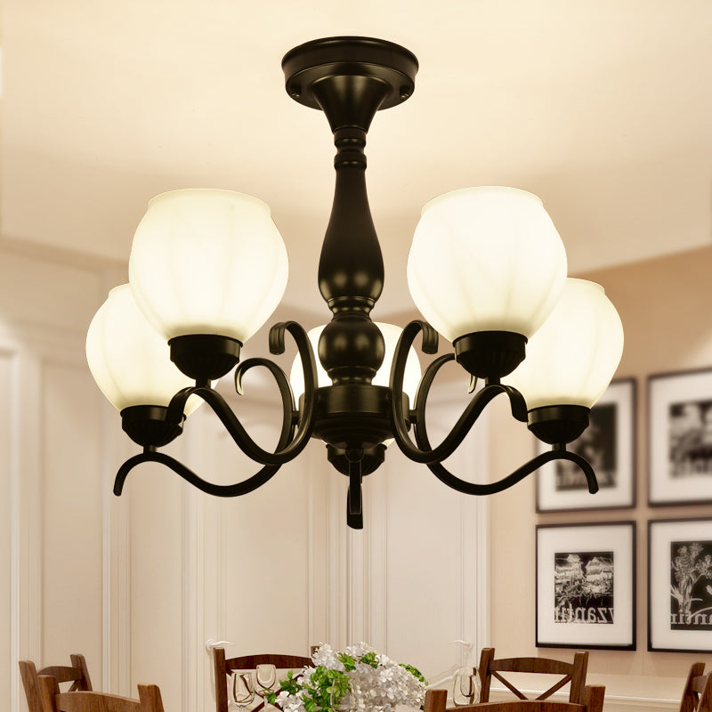 Black 3/5/6 Lights Ceiling Mount Traditional White Glass Swooping Arm Semi Flush Light for Living Room 5 White Clearhalo 'Ceiling Lights' 'Close To Ceiling Lights' 'Close to ceiling' 'Glass shade' 'Glass' 'Semi-flushmount' Lighting' 228744