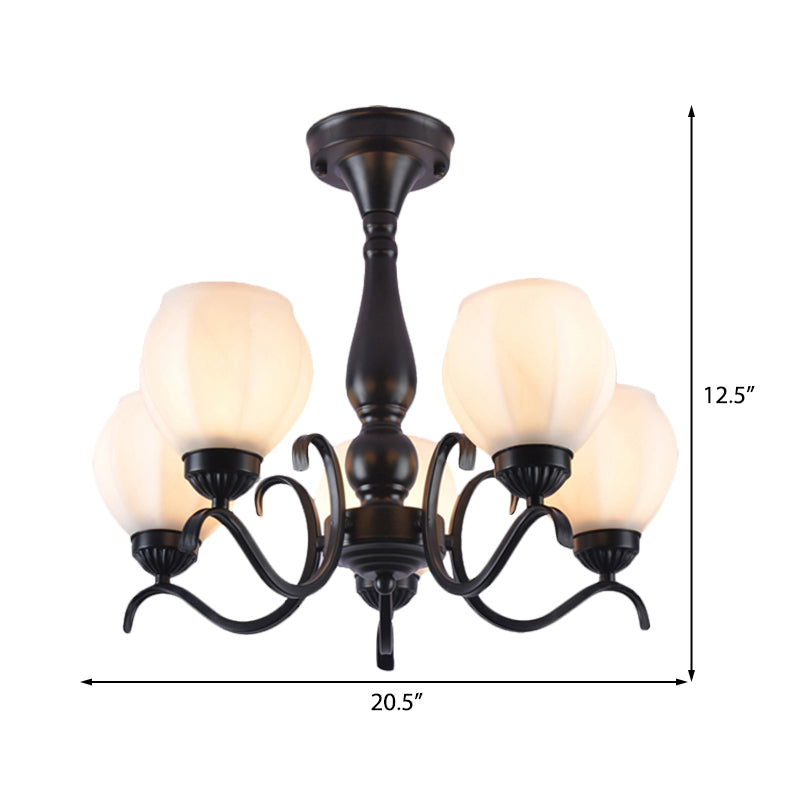 Black 3/5/6 Lights Ceiling Mount Traditional White Glass Swooping Arm Semi Flush Light for Living Room Clearhalo 'Ceiling Lights' 'Close To Ceiling Lights' 'Close to ceiling' 'Glass shade' 'Glass' 'Semi-flushmount' Lighting' 228746