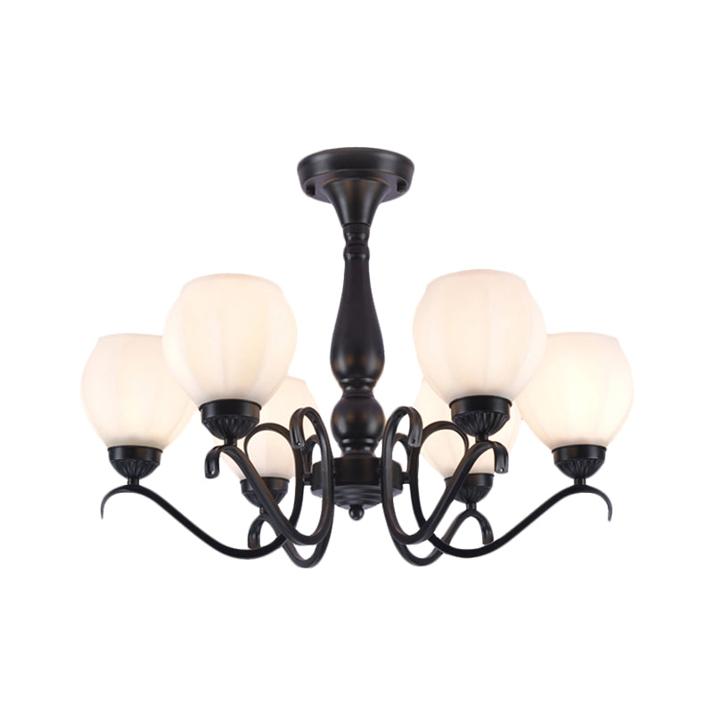 Black 3/5/6 Lights Ceiling Mount Traditional White Glass Swooping Arm Semi Flush Light for Living Room Clearhalo 'Ceiling Lights' 'Close To Ceiling Lights' 'Close to ceiling' 'Glass shade' 'Glass' 'Semi-flushmount' Lighting' 228748