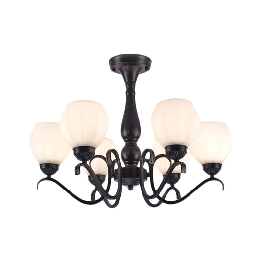 Black 3/5/6 Lights Ceiling Mount Traditional White Glass Swooping Arm Semi Flush Light for Living Room Clearhalo 'Ceiling Lights' 'Close To Ceiling Lights' 'Close to ceiling' 'Glass shade' 'Glass' 'Semi-flushmount' Lighting' 228748