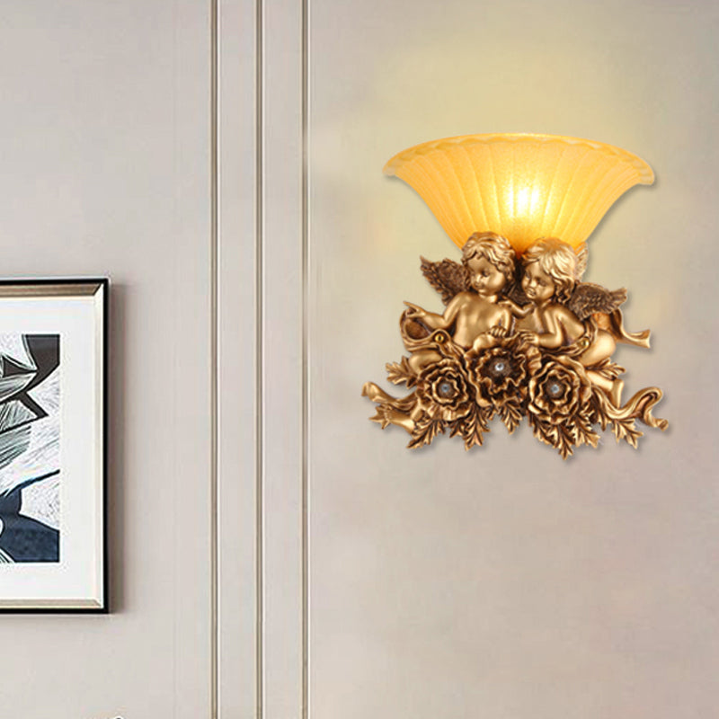 Flared Amber Glass Sconce Light Vintage 1 Light Hallway Wall Mount Light with Double Angel Decoration Gold Clearhalo 'Wall Lamps & Sconces' 'Wall Lights' Lighting' 228809