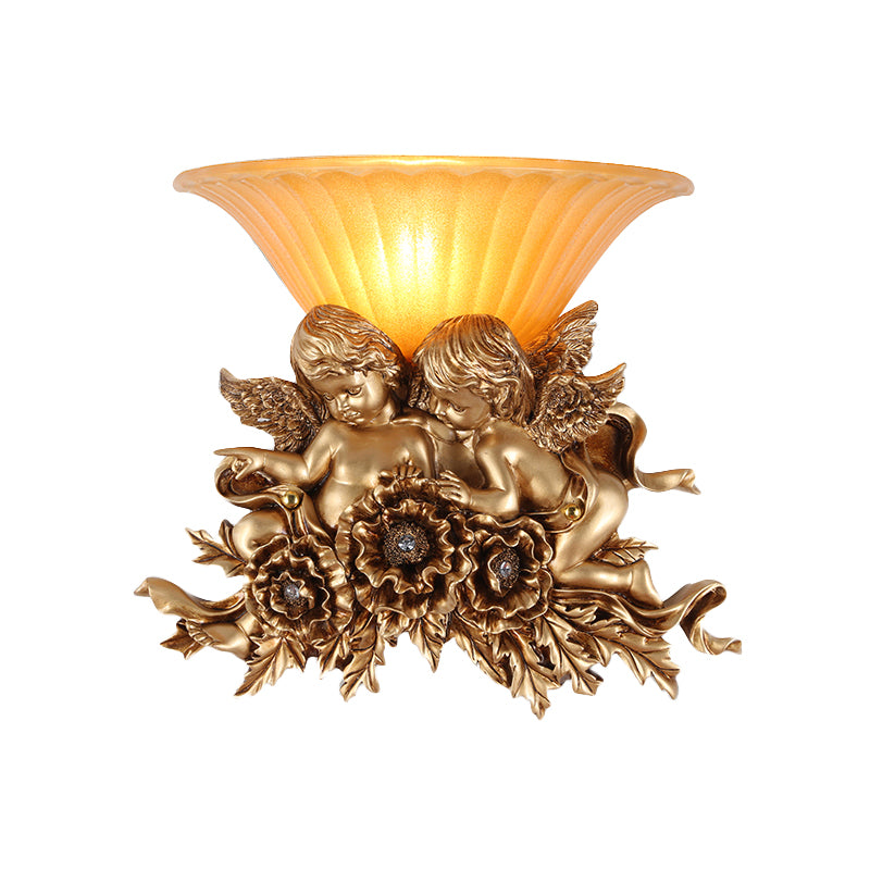 Flared Amber Glass Sconce Light Vintage 1 Light Hallway Wall Mount Light with Double Angel Decoration Clearhalo 'Wall Lamps & Sconces' 'Wall Lights' Lighting' 228811